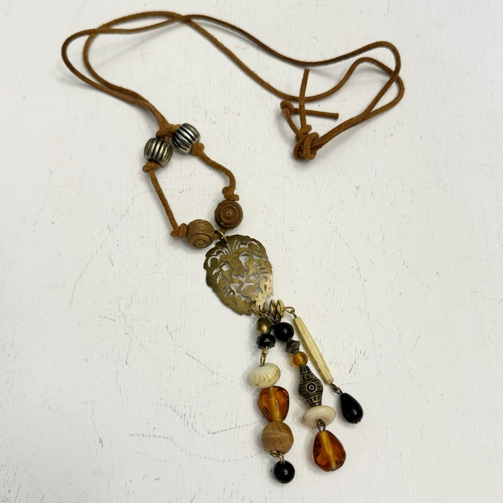 Leather Brass Lion Head Glass Plastic Wooden Metal Bone Beads Tassel Necklace